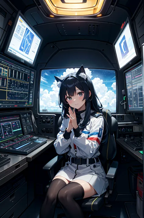 1girl, rgb multicolor luminous connected device fixed seated woman operating (familiar face), cat ears, side table, spacecraft, ...