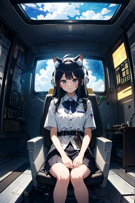 1girl, rgb multicolor luminous connected device fixed seated woman operating (familiar face), cat ears, side table, spacecraft, ...