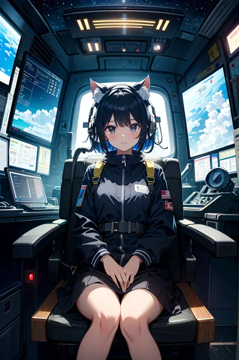 1girl, rgb multicolor luminous connected device fixed seated woman operating (familiar face), cat ears, side table, spacecraft, ...