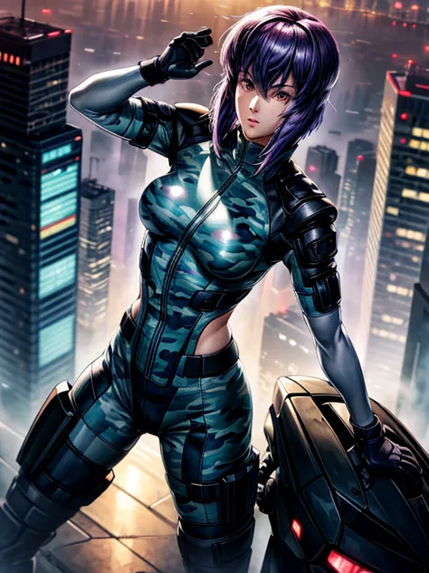 ghost in the shell, motoko kusanagi, purple short bob cut, hair between the eyes, slightly asymmetrical bangs, ((optical camoufl...