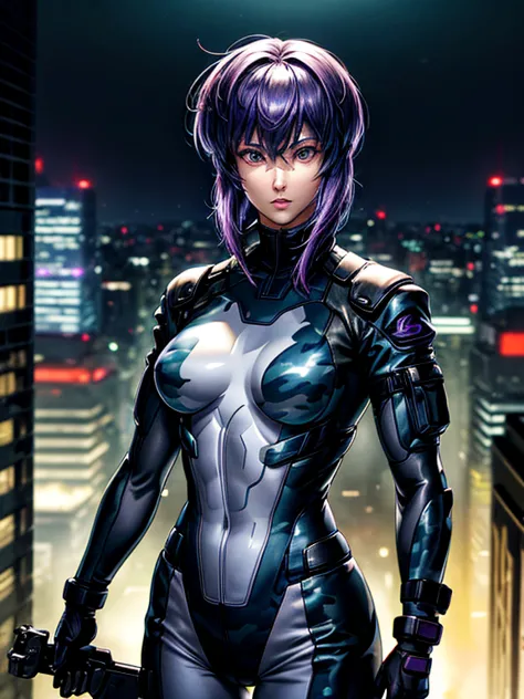 ghost in the shell, motoko kusanagi, purple short bob cut, hair between the eyes, slightly asymmetrical bangs, ((optical camoufl...