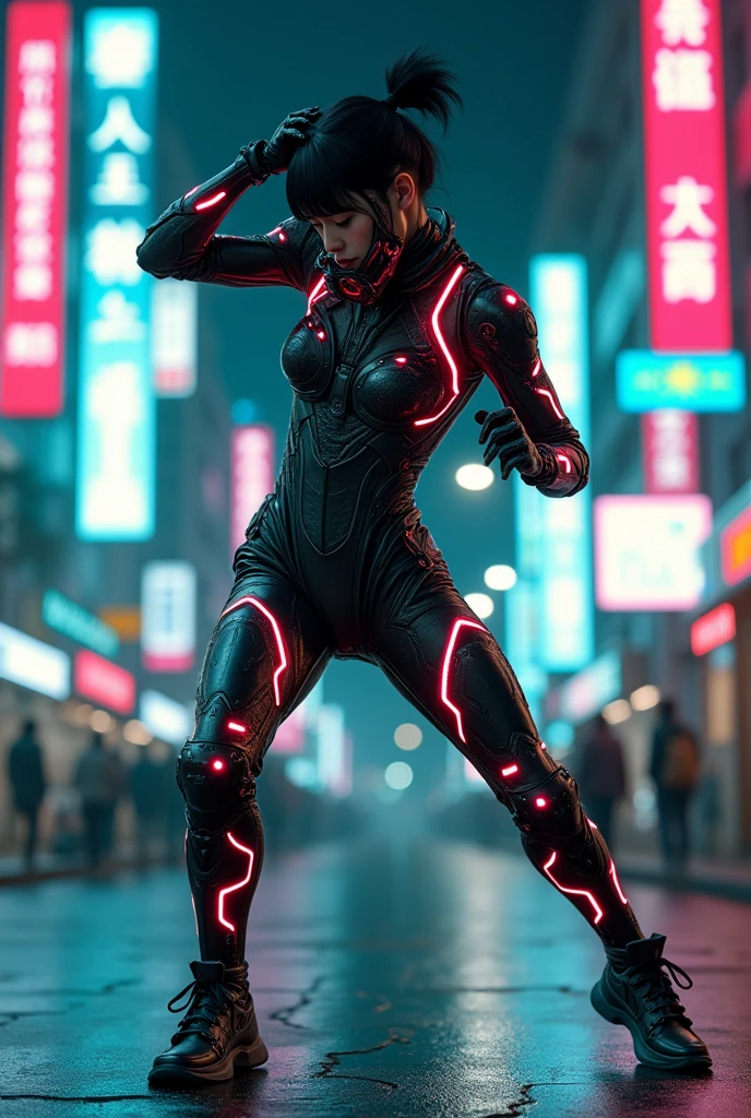 photo-realistic, dramatic scene, cinematic scene, masterpiece, (extremely beautiful Japanese boyish girl but cyborg), professional dancer but cyborg, face focus, acrobatic pose, dynamic angle, breakdancing at street at night, cyber punk downtown with neon, her brilliant fantastic dance techniques, professional light, stage light, spot light, (extremely intricated with extremely complex cyber punk mecha armored full-face gas mask:1.5), (wearing the absolute strongest cyber punk mecha-suits with bright neon marker:1.5),