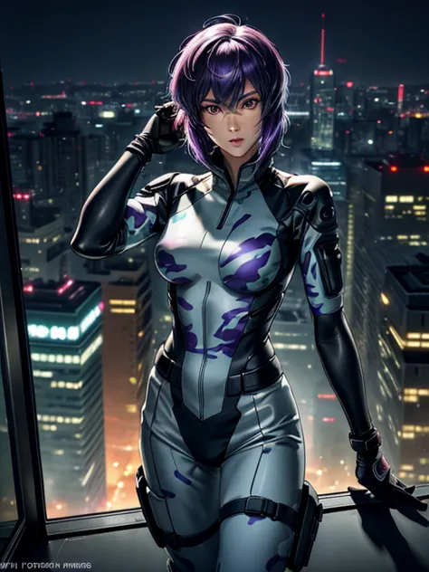 ghost in the shell, motoko kusanagi, purple short bob cut, hair between the eyes, slightly asymmetrical bangs, ((optical camoufl...