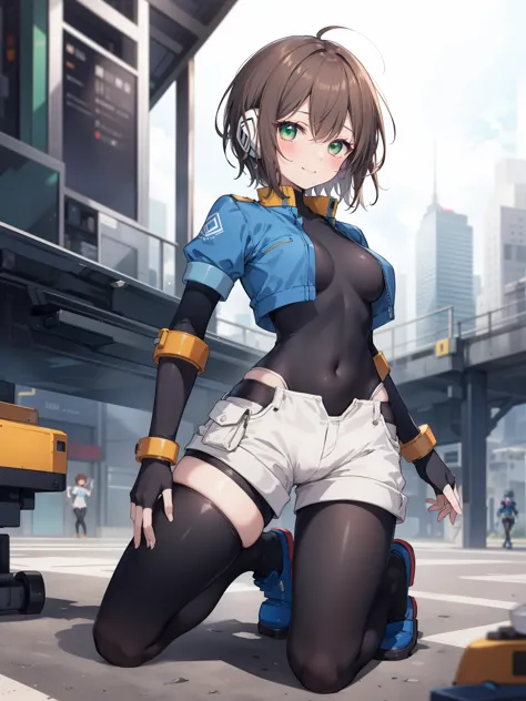 aile_megamanzx, kneeling with hand on the ground , 1girl, solo, short hair, brown hair, short sleeves, (bodysuit), robot ears, g...