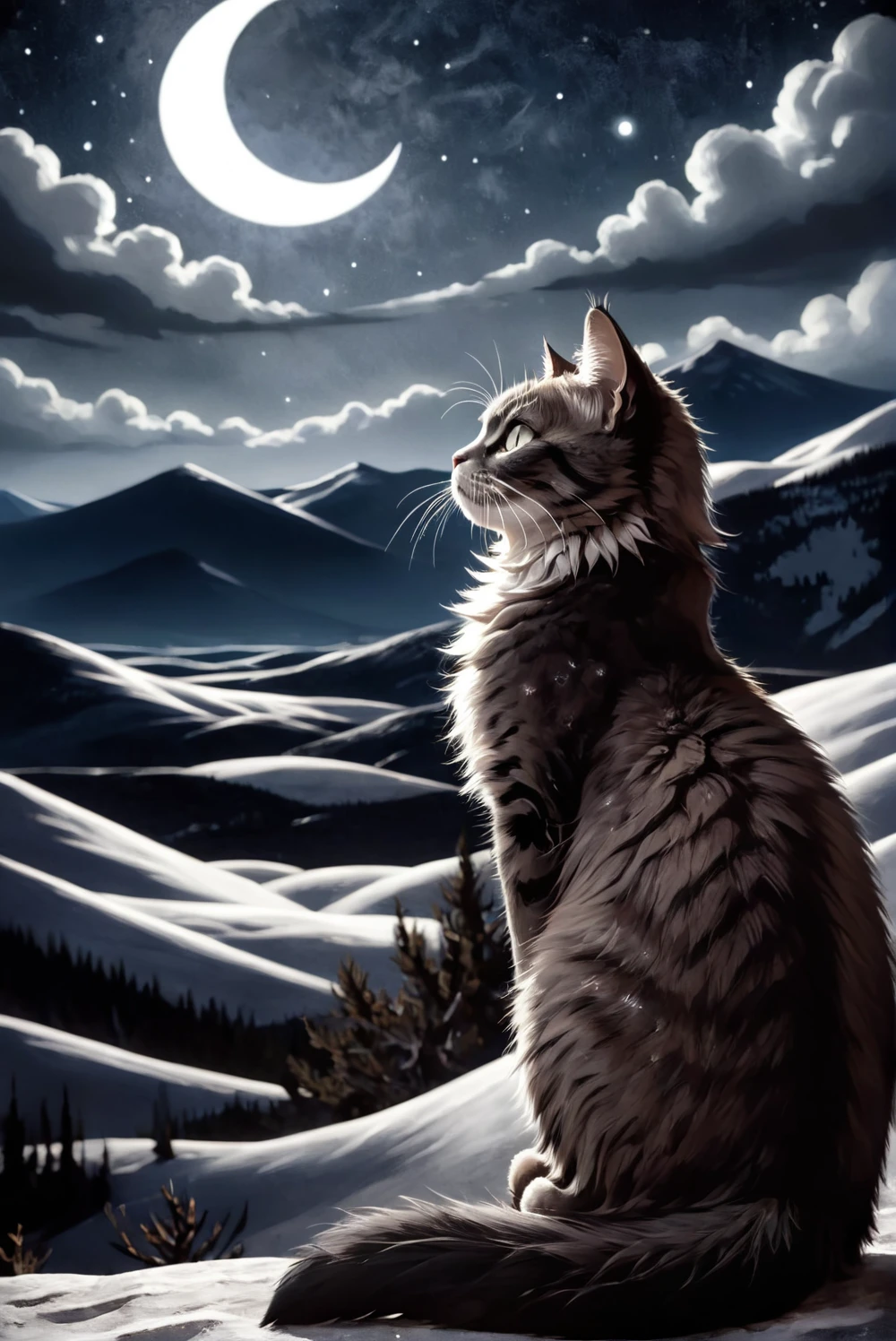 A cool cat in a starry night sky, portrait of a cat, Ansel Adams style, dramatic lighting, black and white, cinematic, dramatic shadows, high contrast, grain, detailed fur, piercing eyes, stoic expression, night sky with stars, crescent moon, dramatic clouds, mountains in the background, moody atmosphere