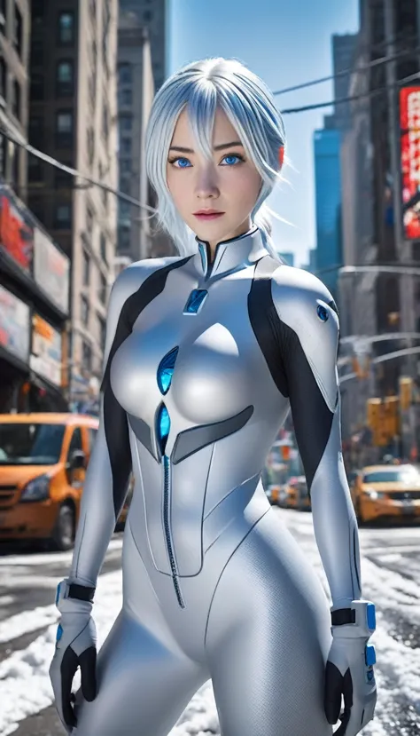 elsa from "frozen", wearing an evangelion plugsuit (pale blue:1.37), long platinum blonde hair in single braid, ice blue eyes, i...