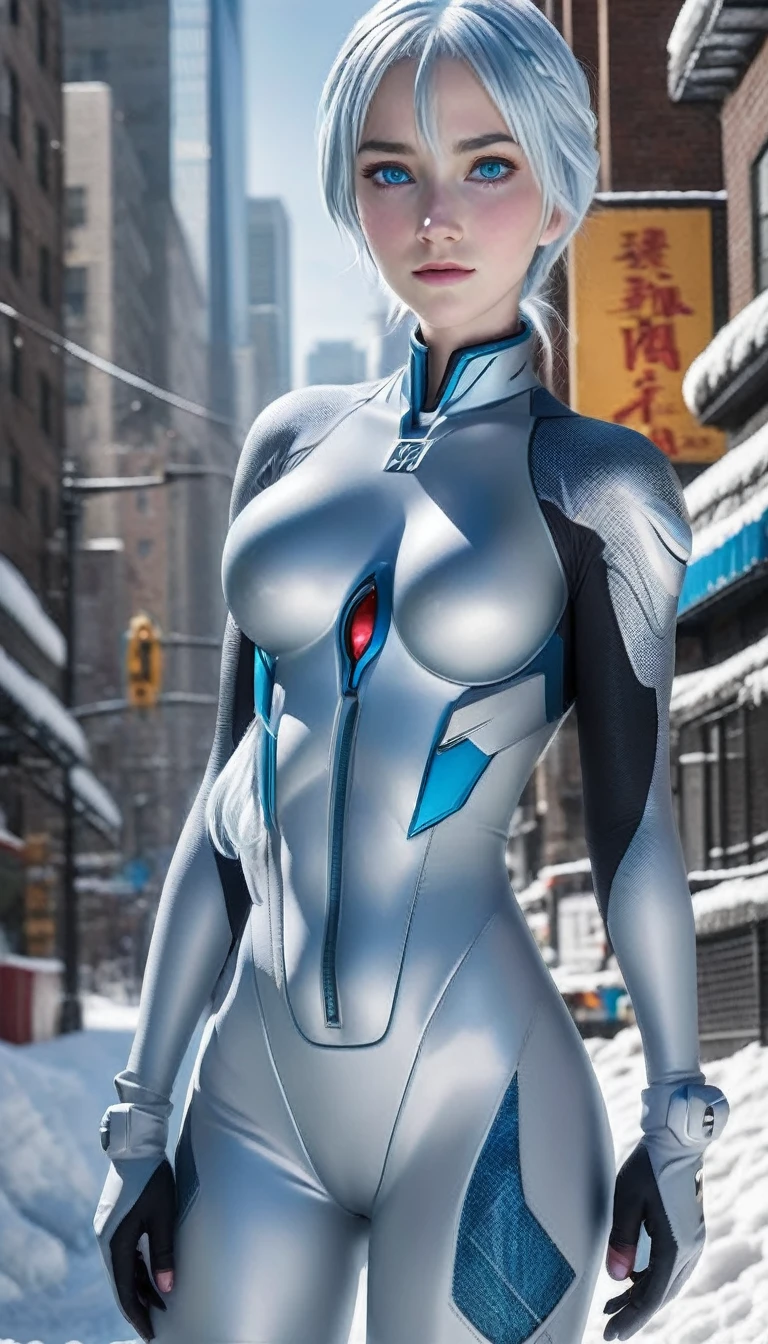 Elsa from "Frozen", wearing an evangelion plugsuit (pale blue:1.37), long platinum blonde hair in single braid, ice blue eyes, in various fighting poses, (wide angle shot:1.32), snow covered NYC street, highly detailed, photorealistic, 8k, (best quality,4k,8k,highres,masterpiece:1.2),ultra-detailed,(realistic,photorealistic,photo-realistic:1.37),HDR,UHD,studio lighting,extremely detailed,vivid colors,dramatic colors, EVA_Rei, erect nipples, DeepNegative_xl_v1