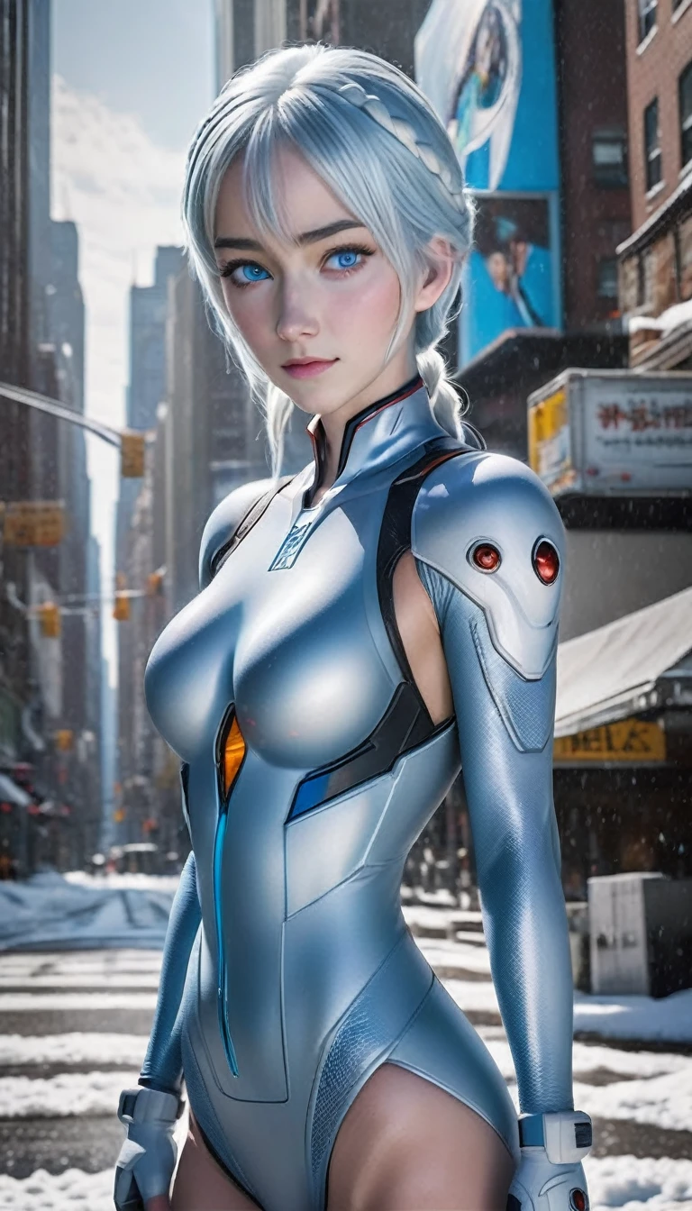 Elsa from "Frozen", wearing an evangelion plugsuit (pale blue:1.37), long platinum blonde hair in single braid, ice blue eyes, in various fighting poses, (wide angle shot:1.32), snow covered NYC street, highly detailed, photorealistic, 8k, (best quality,4k,8k,highres,masterpiece:1.2),ultra-detailed,(realistic,photorealistic,photo-realistic:1.37),HDR,UHD,studio lighting,extremely detailed,vivid colors,dramatic colors, EVA_Rei, erect nipples, DeepNegative_xl_v1