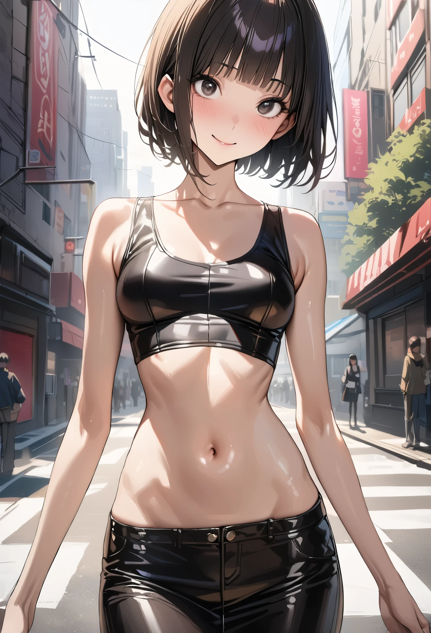 ((masterpiece,best quality anime,Highest quality:1.3)),realistic,portrait、upper body,1woman,(30 year old beauty),((very small head:1.4)),((very long body:1.4)),((short bob hair)),black hair,(gorgeous big eyes),black eyes,smile,((slender body:1.4,skinny:1.3)),medium breasts(Punk Fashion、navel、Tank top,Black leather mini skirt),oily skin,gleaming skin,shiny skin,standing,on street,New York City、