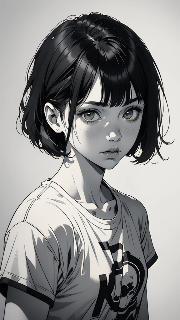 1 boyish girl, solo, sharp eyes, monochrome, greyscale, short black hair, portrait, white T-shirt, closed mouth, looking at viewer, graphite \(medium\), detailed lips, hatching \(texture\), without makeup, bangs, upper body, (best illustration), (best quality), (very detailed), (masterpiece), expressionless,