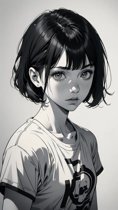 1 boyish girl, solo, sharp eyes, monochrome, greyscale, short black hair, portrait, white t-shirt, closed mouth, looking at view...