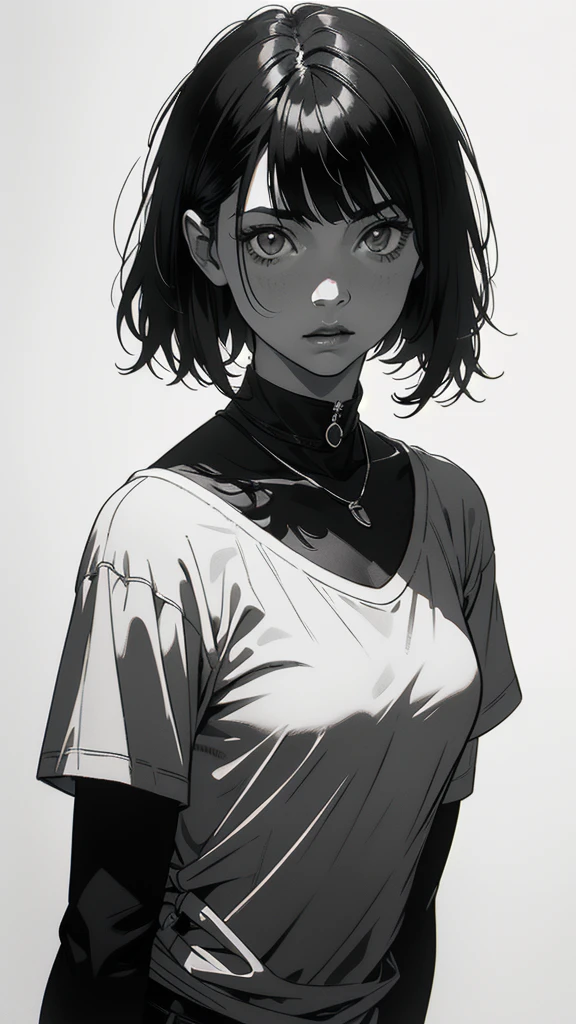 1 boyish girl, solo, sharp eyes, monochrome, greyscale, short black hair, portrait, white T-shirt, closed mouth, looking at viewer, graphite \(medium\), detailed lips, hatching \(texture\), without makeup, bangs, upper body, (best illustration), (best quality), (very detailed), (masterpiece), expressionless,