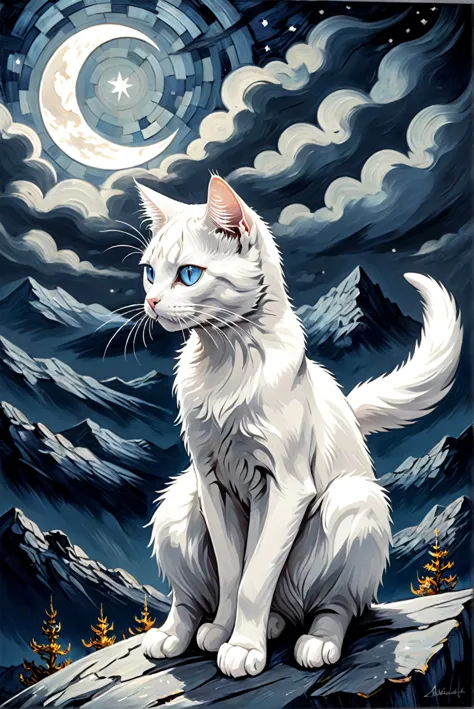 drawing white cat in a starry night sky, oil printing, ansel adams mix van gogh style, dramatic lighting, piercing eyes, stoic e...