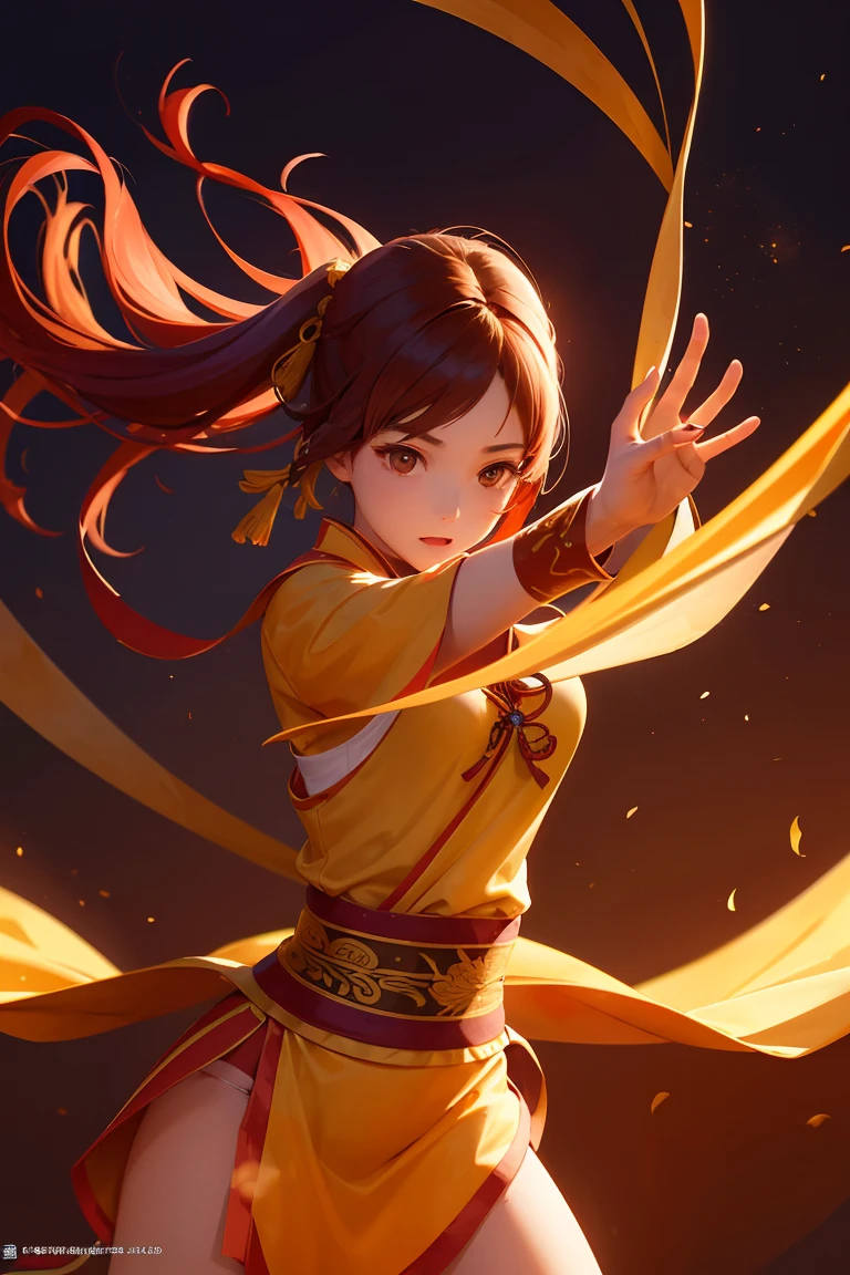 A girl, ancient Chinese costume, whole body, sunshine, clear face, dynamic background, fighting scene, masterpiece, super detail, epic composition, ultra HD, high quality, extremely detailed, official art, uniform 8k wallpaper, super detail, 32k