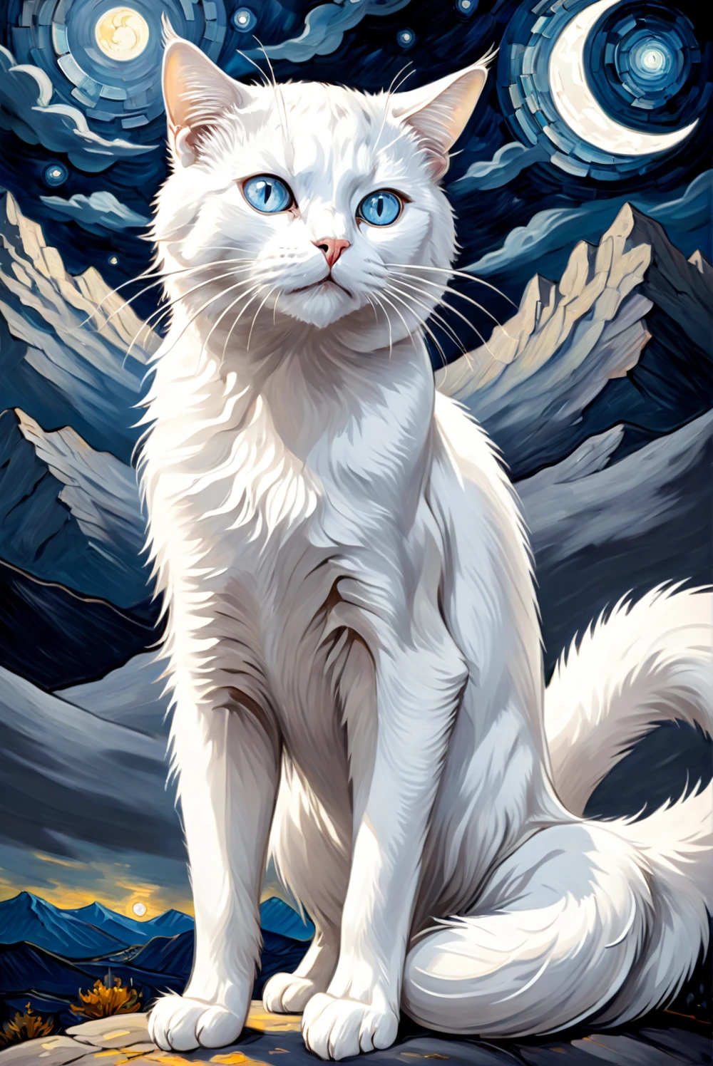 drawing Majestic white cat in a starry night sky looking straight at you, oil printing, van gogh style, dramatic lighting, piercing eyes, stoic expression, crescent moon, dramatic clouds, mountains in the background, moody atmosphere