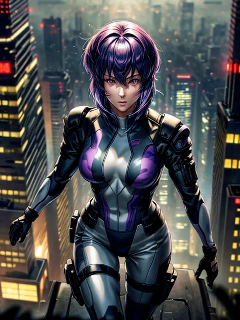 ghost in the shell, motoko kusanagi, purple short bob cut, hair between the eyes, slightly asymmetrical bangs, ((optical camoufl...