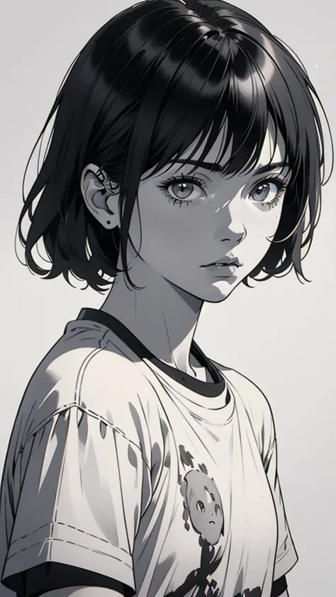 1 boyish girl, solo, sharp eyes, expressionless, monochrome, greyscale, short black hair, portrait, white t-shirt, closed mouth,...