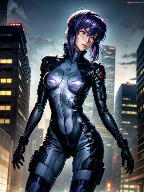 ghost in the shell, motoko kusanagi, purple short bob cut, hair between the eyes, slightly asymmetrical bangs, ((optical camoufl...