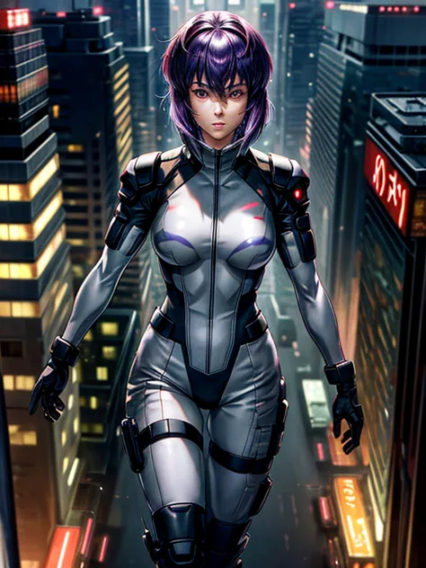 ghost in the shell, motoko kusanagi, very beautiful face, purple short bob cut, hair between the eyes, slightly asymmetrical ban...