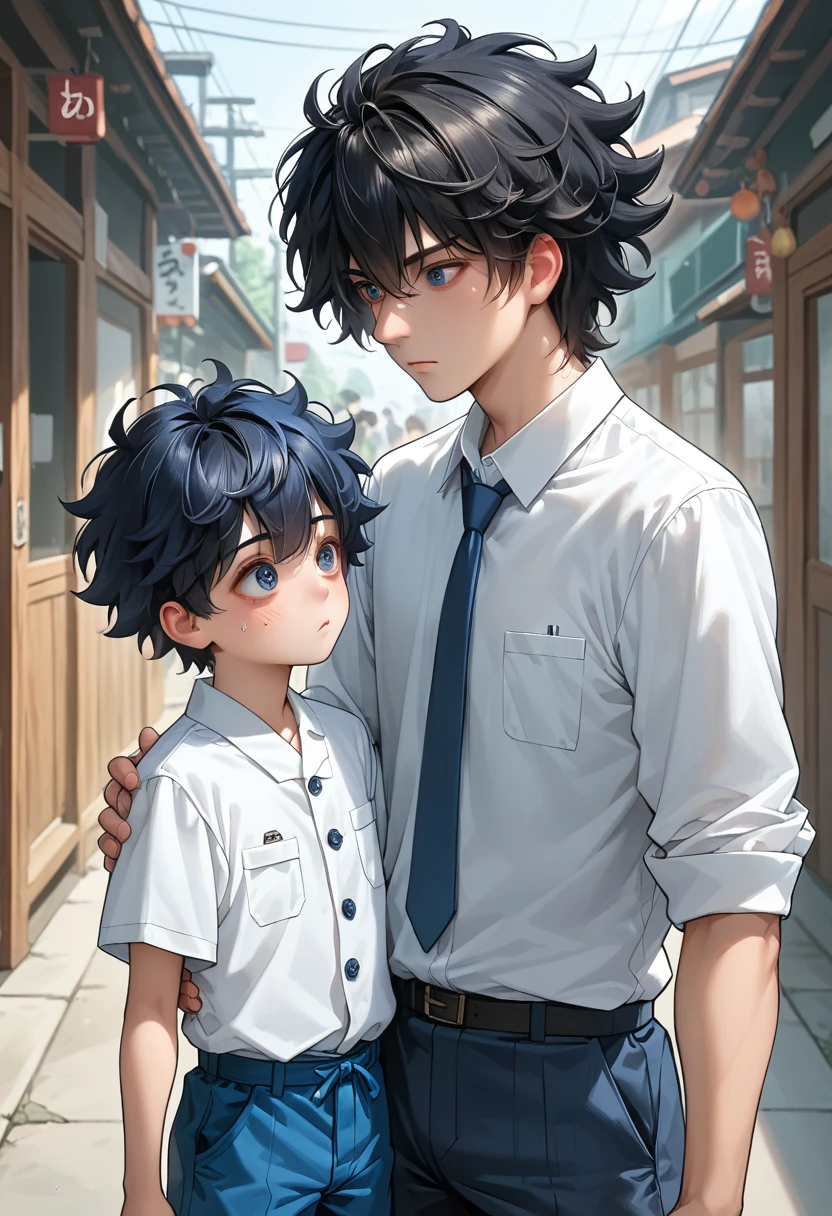 • fubuki: A 1 junior high school japanese student. Intelligent, curious, but feeling isolated.(a boy, age 15), detailed eyes, detailed face, black hair, cool hair, wears a white uniform and blue shorts, with a height of 1.3 meters