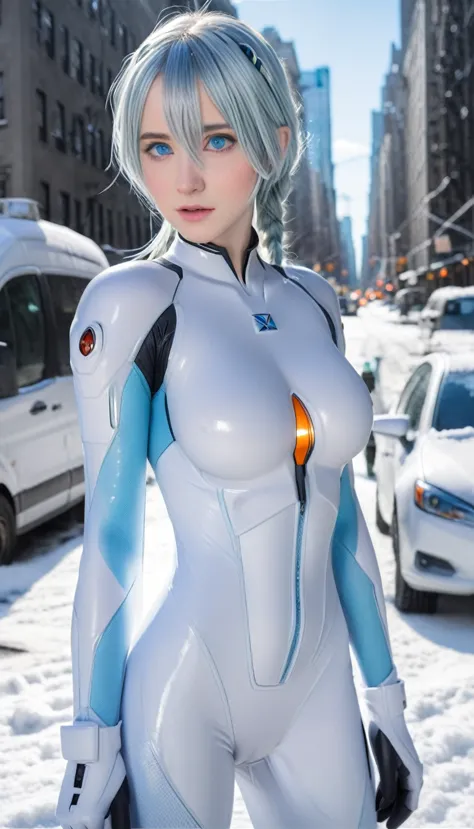 elsa from "frozen", wearing an evangelion plugsuit (pale blue:1.37), (erect nipples under suit:1.3),long platinum blonde hair in...