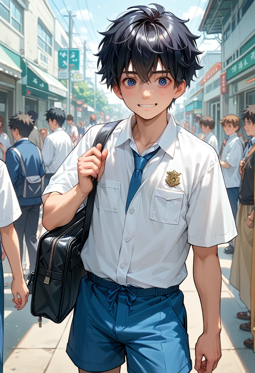 • fubuki: a man, , 1 Japanese junior high school student. Intelligent, curious, but feel isolated, Detailed Eyes, detailed face, black hair, cool hair, wearing a white uniform and blue shorts, looking with a smile