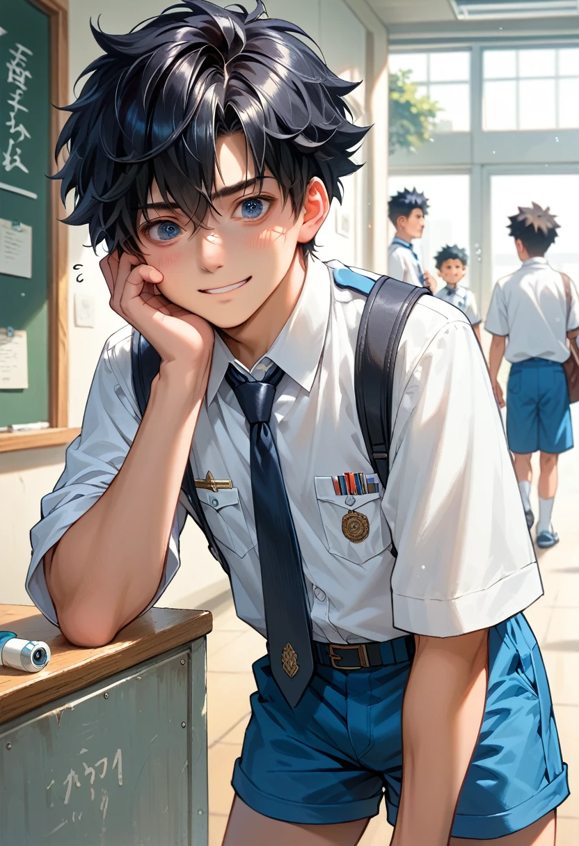 • fubuki: a man, , 1 Japanese junior high school student. Intelligent, curious, but feel isolated, Detailed Eyes, detailed face, black hair, cool hair, wearing a white uniform and blue shorts, looking with a smile