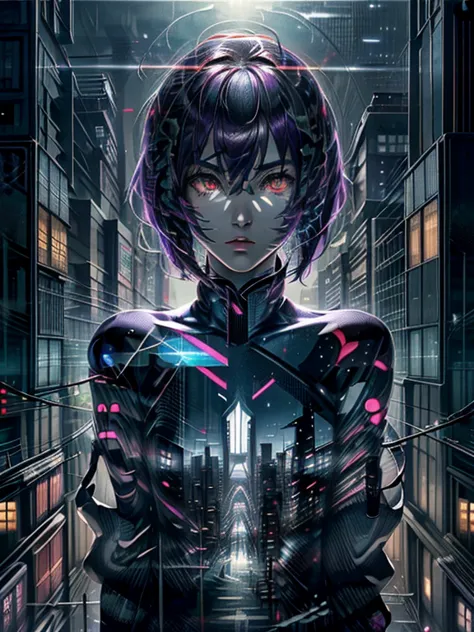 ghost in the shell, motoko kusanagi, very beautiful face, purple short bob cut, hair between the eyes, slightly asymmetrical ban...