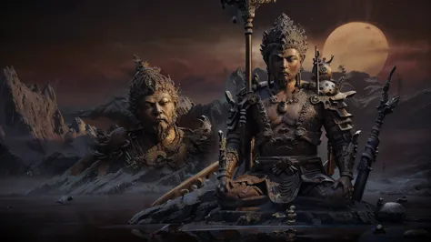 the huge buddha statue made of water is gazing at the very tiny sun wukong，black myth wukong character，wearing complicated armor...