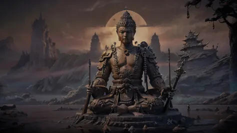 the huge buddha statue made of water is gazing at the very tiny sun wukong，black myth wukong character，wearing complicated armor...