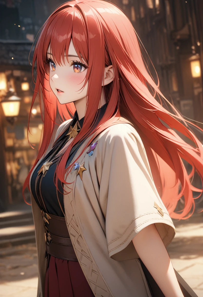 (Highest quality、4K、8k、High resolution、masterpiece:1.2)、Very detailed、Picturesque、Animated Photography、Photo Animation:1.37)、(((Fantasy)))、Wizard、women、red hair、long hair、stars ornament、Nakano May