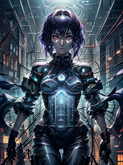 ghost in the shell, motoko kusanagi, very beautiful face, purple short bob cut, slightly asymmetrical bangs, red eyes, ((optical...