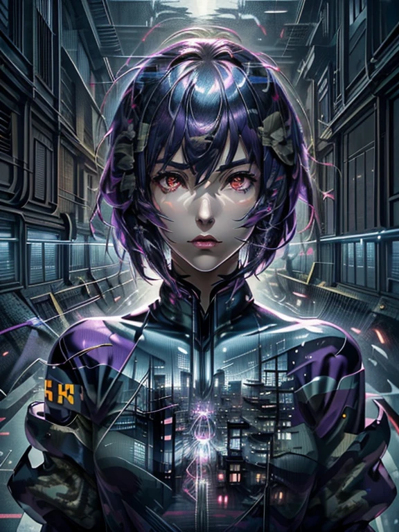 Ghost in the Shell, Motoko Kusanagi, very beautiful face, Purple short bob cut, Slightly asymmetrical bangs, red eyes, ((Optical Camouflage Suit, Optical camouflage suit from the neck down), (Double exposure on the neck down:1.3, double exposure), Jump up into the sky, view From above, Facing the camera, The background is Tokyo's buildings at night, Reflective and shiny, ((Night Scenery)), Lots of window lights, Glitching, ((masterpiece, best quality, high resolution))