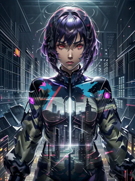 ghost in the shell, motoko kusanagi, very beautiful face, purple short bob cut, slightly asymmetrical bangs, red eyes, ((optical...