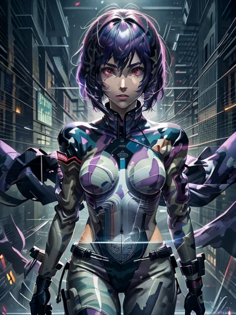 ghost in the shell, motoko kusanagi, very beautiful face, purple short bob cut, slightly asymmetrical bangs, red eyes, ((optical...