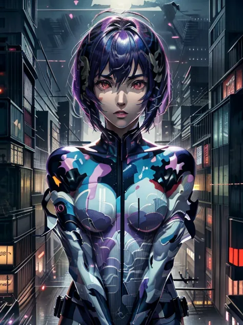 ghost in the shell, motoko kusanagi, very beautiful face, purple short bob cut, slightly asymmetrical bangs, red eyes, ((optical...