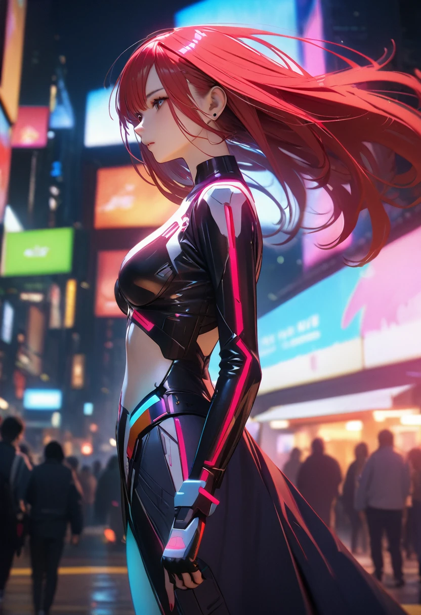 (Highest quality、4K、8k、High resolution、masterpiece:1.2)、Very detailed、Picturesque、Animated Photography、Photo Animation:1.37)、(((CCyberpunk)))、Replicant、women、red hair、long hair、stars ornament、Nakano May