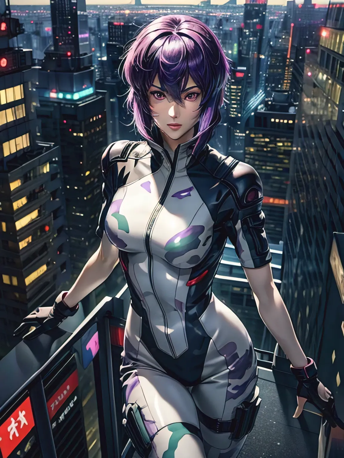 ghost in the shell, motoko kusanagi, purple short bob cut, hair between the eyes, slightly asymmetrical bangs, ((optical camoufl...