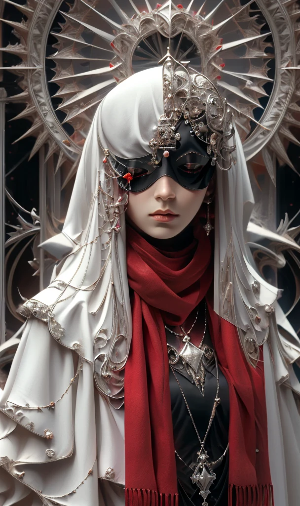 Shadrach Jaroselev&#39;s《goddess》, gothic futuristic style, dark white and light red, Super detailed illustrations, ultra high definition images, Gorgeous costume details, intricate clothing, (cathedral:1.6)(beautiful clear background:1.4),
(Transparent eye mask:1.1),  (scarf:1.3),
 