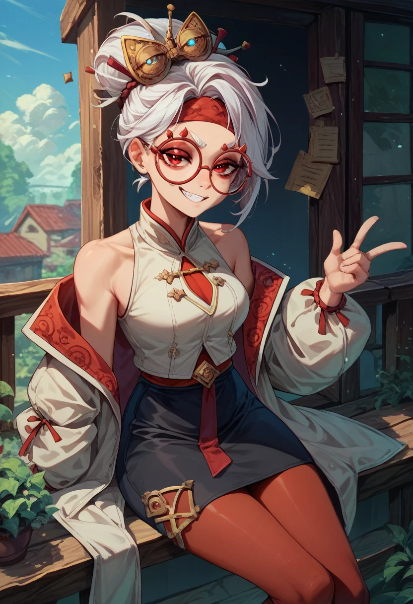 Fraction_9, Fraction_8_up, Fraction_7_up, 1 Girl, Convenient, White hair, Red Eyes,outdoor,Hair accessories, Red headband, Red glasses, sleeveless tops, White coat, Black skirt, Red leggings, smug