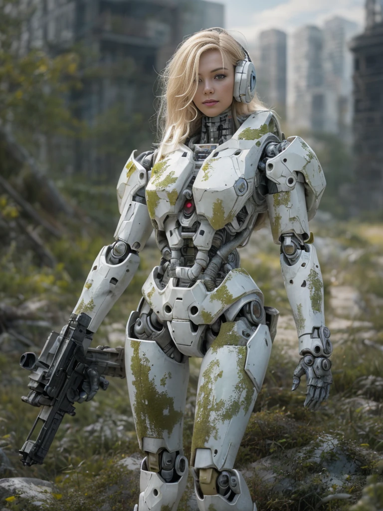 ((masterpiece, highest quality, Highest image quality, High resolution, photorealistic, Raw photo, 8K)), Abandoned robot soldier on battlefield, broken and immobile, rust and moss showing passage of time, female cyborg body, Blonde, female body, biomechanical , extra detailed body, blowjob white mech, white biomechanical details, detailed body, shiny white armor, cybernetic body, eva unit-00 on back, full body details,