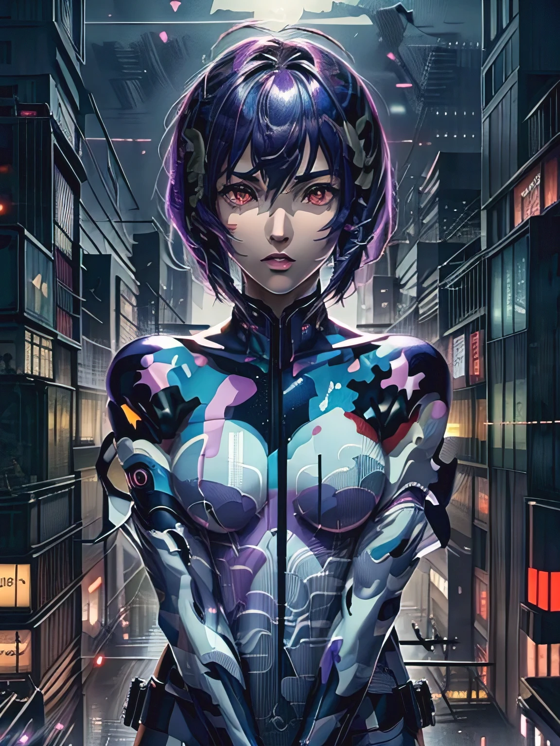 Ghost in the Shell, Motoko Kusanagi, very beautiful face, Purple short bob cut, Slightly asymmetrical bangs, red eyes, ((Optical Camouflage Suit, Optical camouflage suit from the neck down), (Double exposure on the neck down:1.3, double exposure), Jump up into the sky, view From above, Facing the camera, The background is Tokyo's buildings at night, Reflective and shiny, ((Night Scenery)), Lots of window lights, Glitching, ((masterpiece, best quality, high resolution))