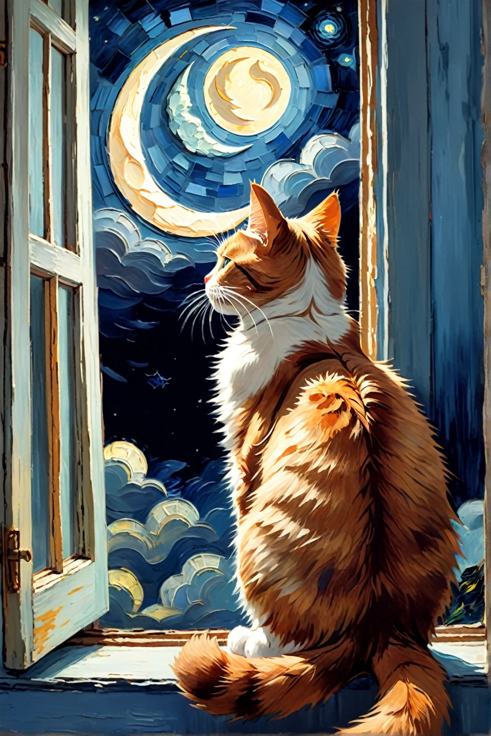 An elegant cat looking out of a window at a starry night sky. Oil painting, Van Gogh style. Amazing light, stoic expression, crescent moon, dramatic clouds, gloomy atmosphere.