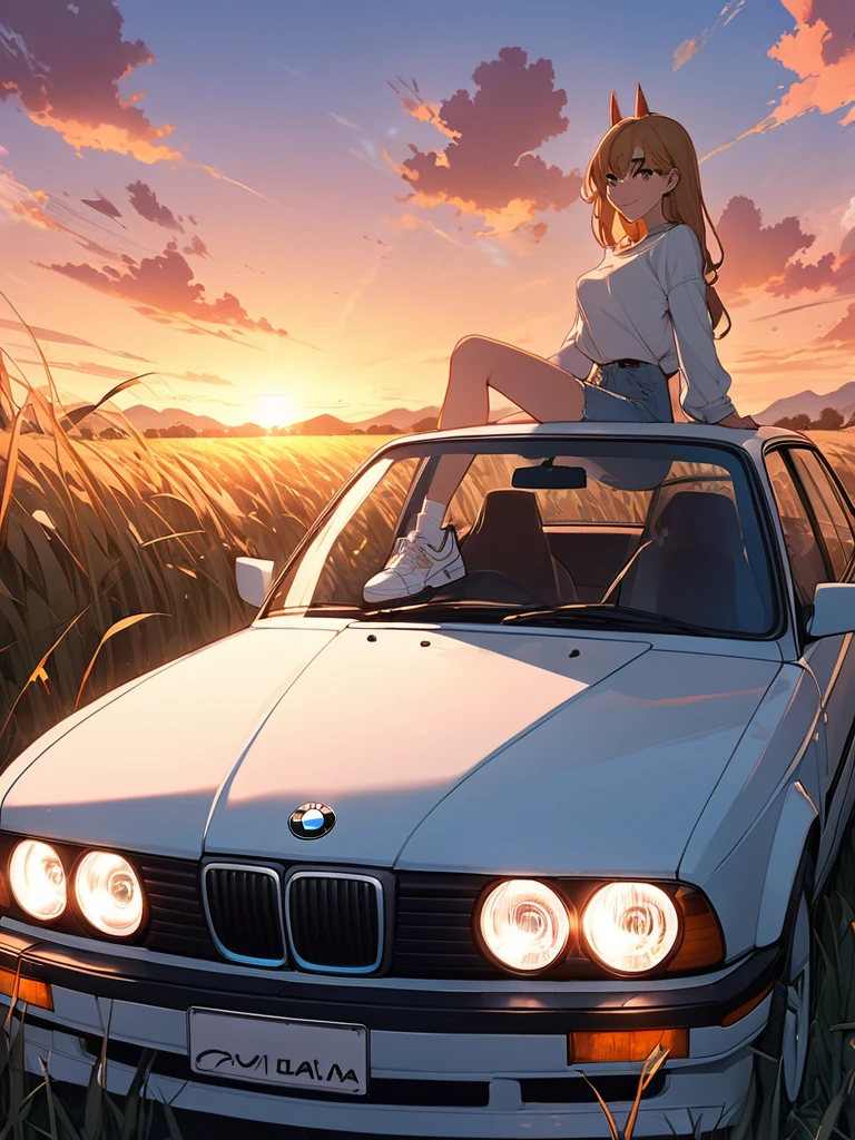 A girl, power from chainsaw series,(upper body: 1.8), attitude smiling, anime landscape of A pearl super sunny, Red classic 1993 BMW E30 318i sport sits in a field of tall grass with a sunset in the background.character must be sitting on the car, half pants, white sneakers,beautiful anime scene, beautiful anime peace scene, Makoto Shinkai Cyril Rolando, beautiful anime scene, amazing wallpaper, anime art wallpaper 8k, anime background, artistic anime background, anime wallpaper 4k, anime art 4k wallpaper, anime wallpaper art 4k,