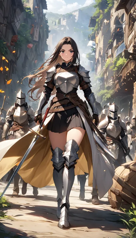 ultra-high definition image quality、beautiful girl、female warrior、female swordsman、light armor、silver boots、long hair、knight&#39...