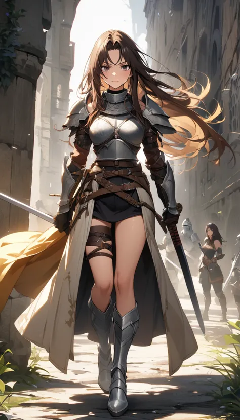 ultra-high definition image quality、beautiful girl、female warrior、female swordsman、light armor、silver boots、long hair、knight&#39...