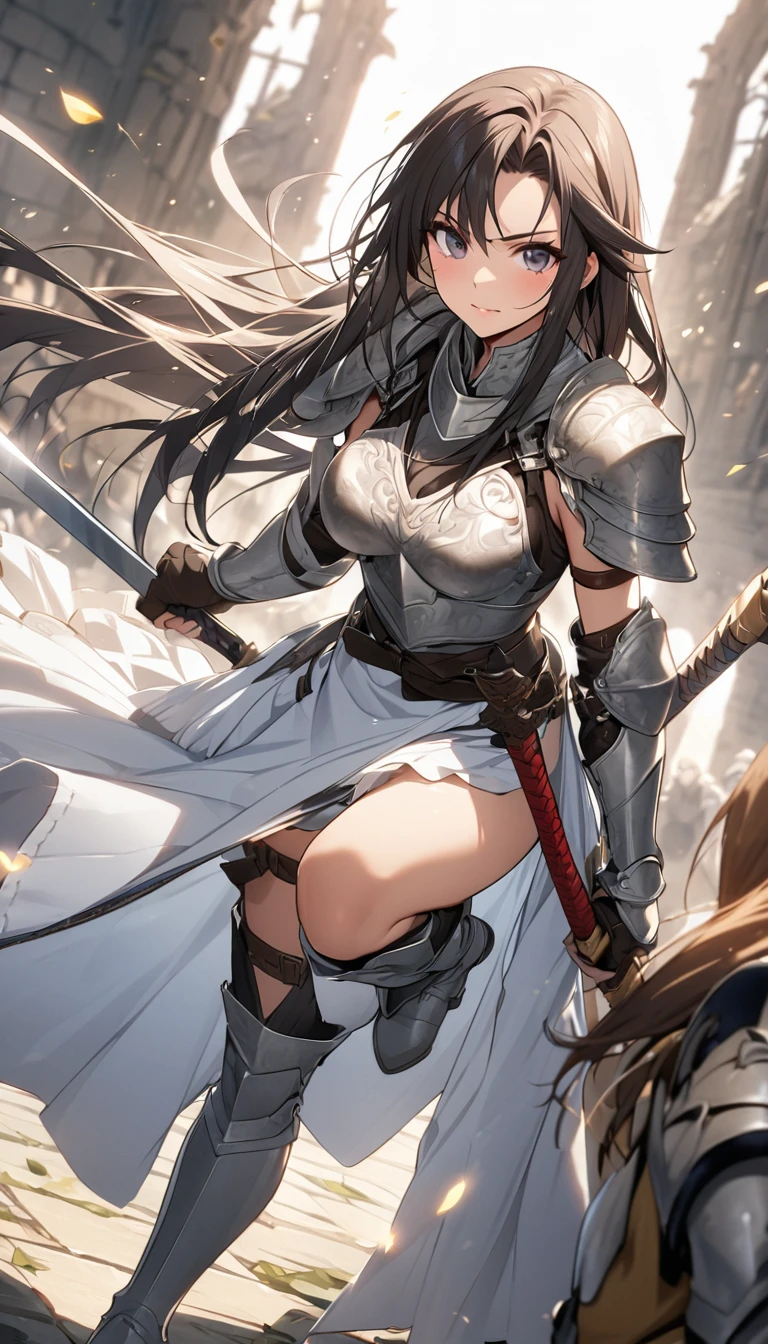 Ultra-high definition image quality、beautiful girl、Female Warrior、Female Swordsman、Light Armor、Silver Boots、Long Hair、knight&#39;hair ornaments、Black Hair、20-year-old、Be confident々face、Very short tight skirt、Sexy posture、wilderness、Highest quality,Big Ass、Big Breasts、Thighs、Grabbing the spear、Gorgeous embroidered lace panties、Joan of Arc style clothing、Wind King Barrier、Her hair is blowing in the wind、The Sword of Promised Victory、god々Wearing a bright aura、Big Ass、Valkyrie the War Maiden、Crotch close-up、Angle from directly below、Squat with your legs apart、（Confused eyes）、３White eyes、（Female Demon Lord）、Evil forces、cruel