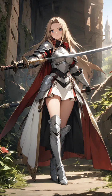 ultra-high definition image quality、beautiful girl、female warrior、female swordsman、light armor、silver boots、long hair、knight&#39...