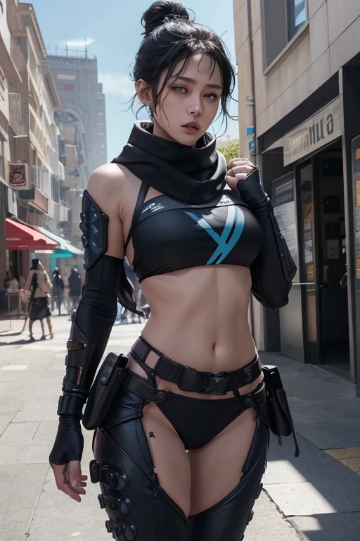 (Masterpiece artwork, best qualityer:1.2), wraith (apex legends), breastsout enormes, athletic body, 1girl, 独奏, hair bun simples, hair bun, scarf, holding, breastsout, Bblack hair, scarf preto, breastsout grandes, blue colored eyes, bangss, bangss repartida, Hair behind the ear, mitts, piercing no nariz, mitts pretas, Ultra Bikini , statue, architechture, sanctuary, plein-air, red sun