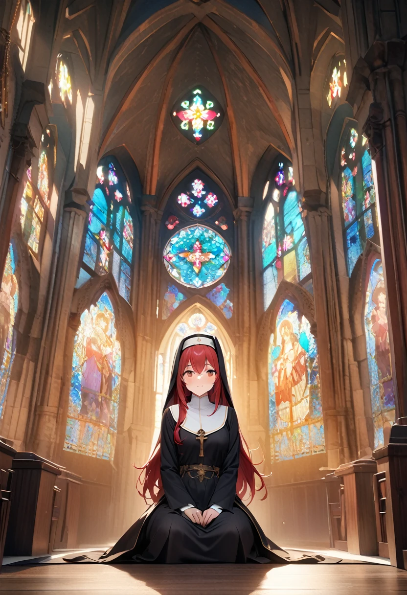 (Highest quality、4K、8k、High resolution、masterpiece:1.2)、Very detailed、Picturesque、Animated Photography、Photo Animation:1.37)、ancient church, stained glass、nun、crossed bangs、Japanese women、kneeling、looking at viewer、red hair、long hair、stars ornament、Nakano May